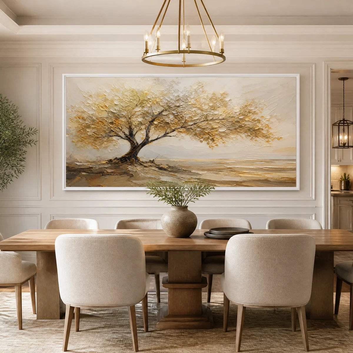 Framed "Golden Tree" artwork with a white frame, featured as a focal point in a modern, elegant dining room.