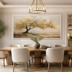 Framed "Golden Tree" artwork with a white frame, featured as a focal point in a modern, elegant dining room.