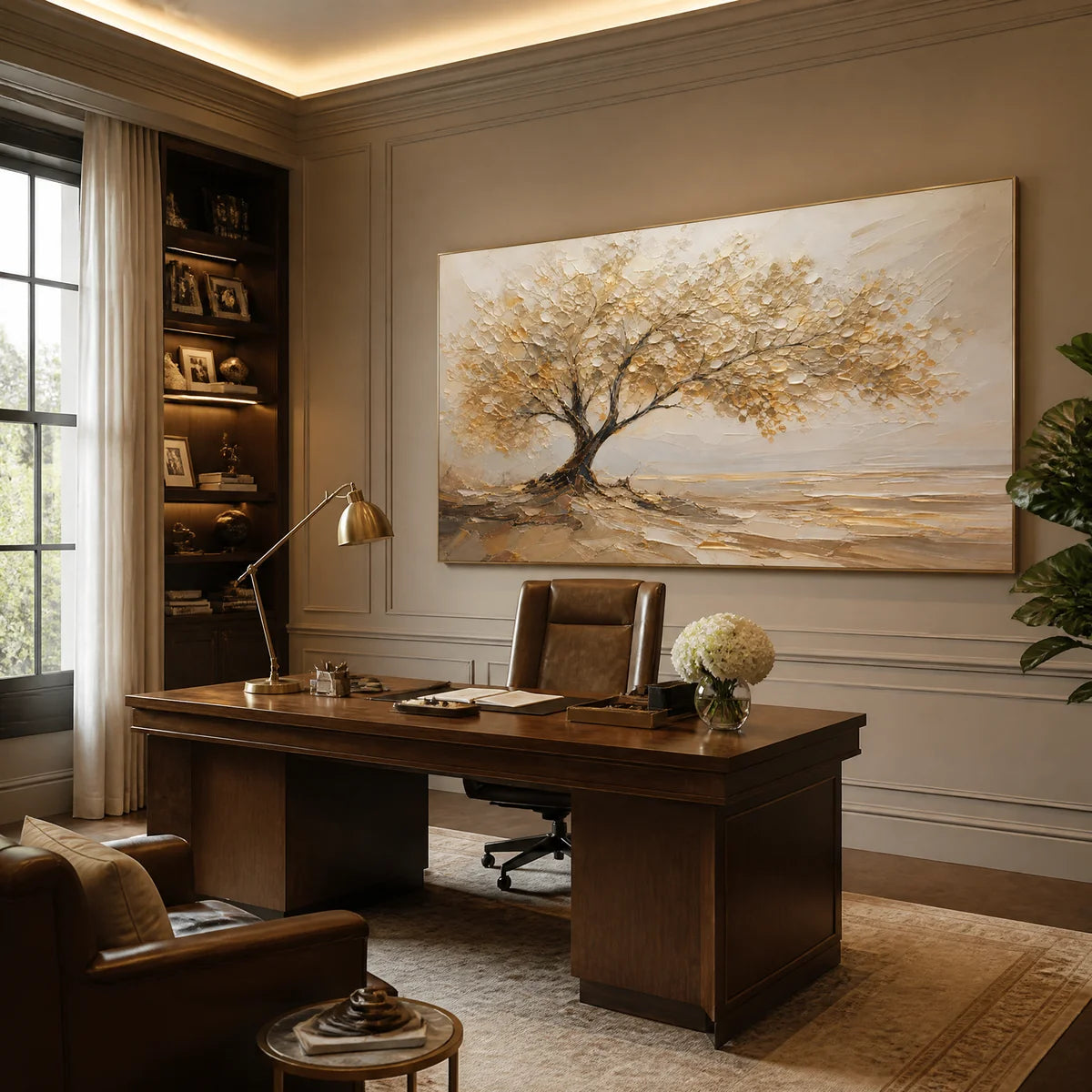 Large-scale impasto "Golden Tree" oil painting with a wooden frame, displayed as a statement piece in a luxury home office.