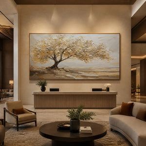 Gallery-wrapped, frameless "Golden Tree" canvas art, mounted behind the reception desk in a high-end hotel lobby.