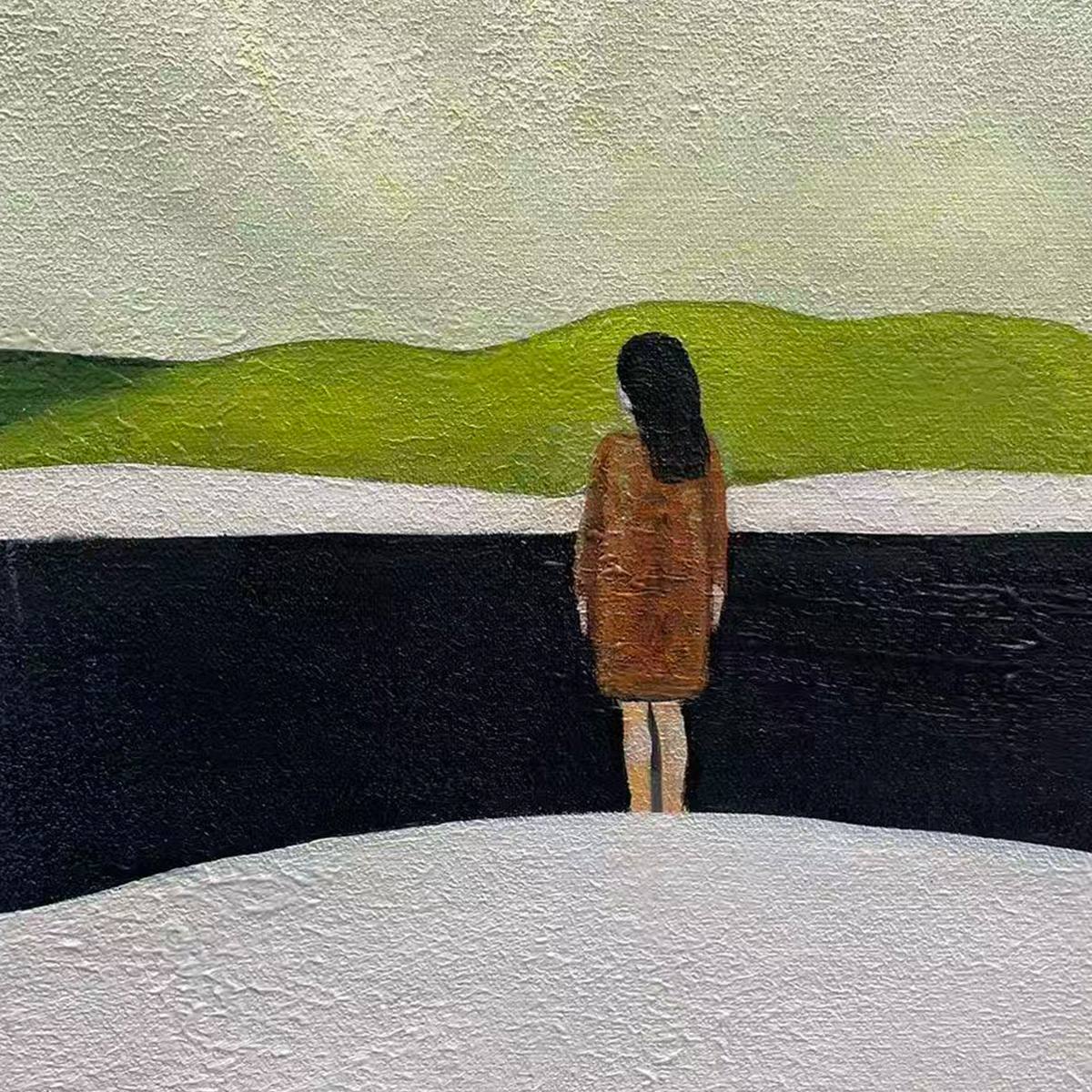 SOLITARY FIGURE IN MINIMALIST LANDSCAPE- Serene Landscape Painting, Horizontal Wall Art