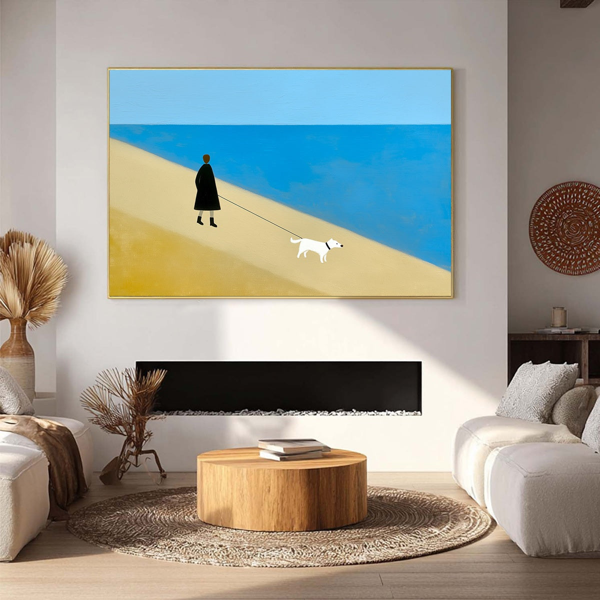 Original minimalist seaside painting of person walking dog | Modern wall art