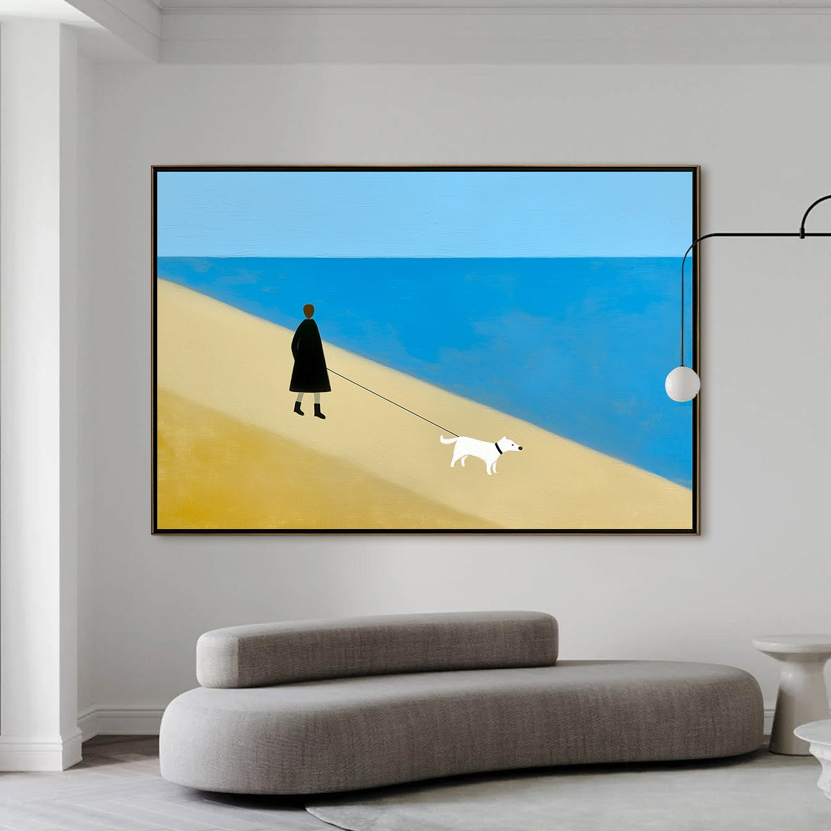 SOLITUDE minimalist original painting of person walking dog