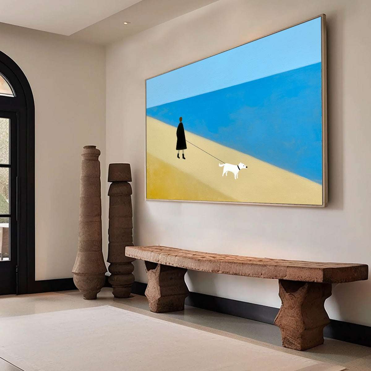Minimalist original painting 'SOLITUDE': person walking dog by sea. Modern abstract wall art.