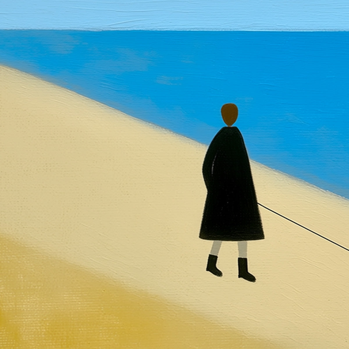 Solitude: original minimalist abstract painting of figure on seaside, modern wall art.