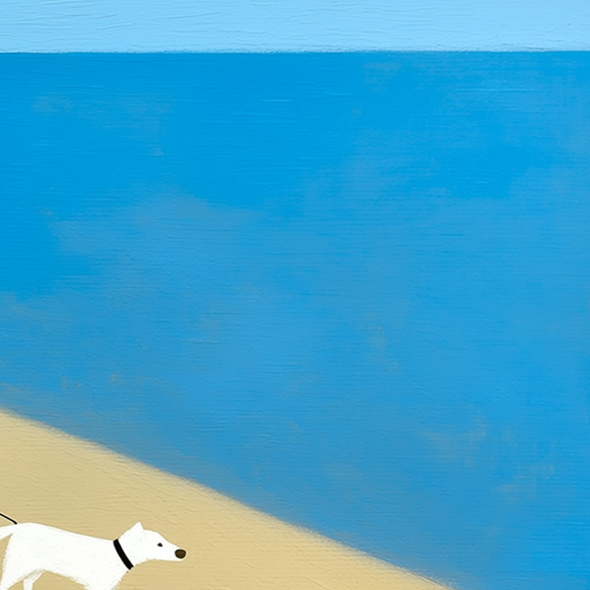 SOLITUDE original handmade oil painting of white dog on beach, modern wall art.