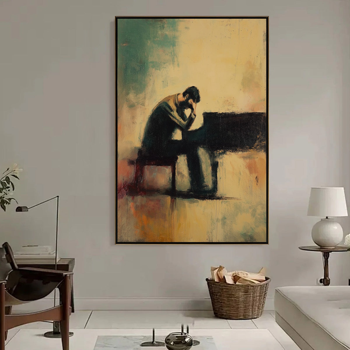 Solitude Sonata: Expressive Figurative Piano Oil Painting
