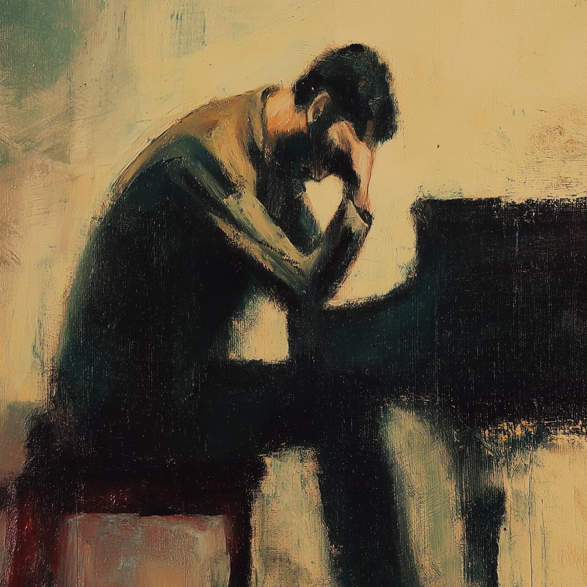 SOLITUDE SONATA: Expressive Figurative Piano Oil Painting