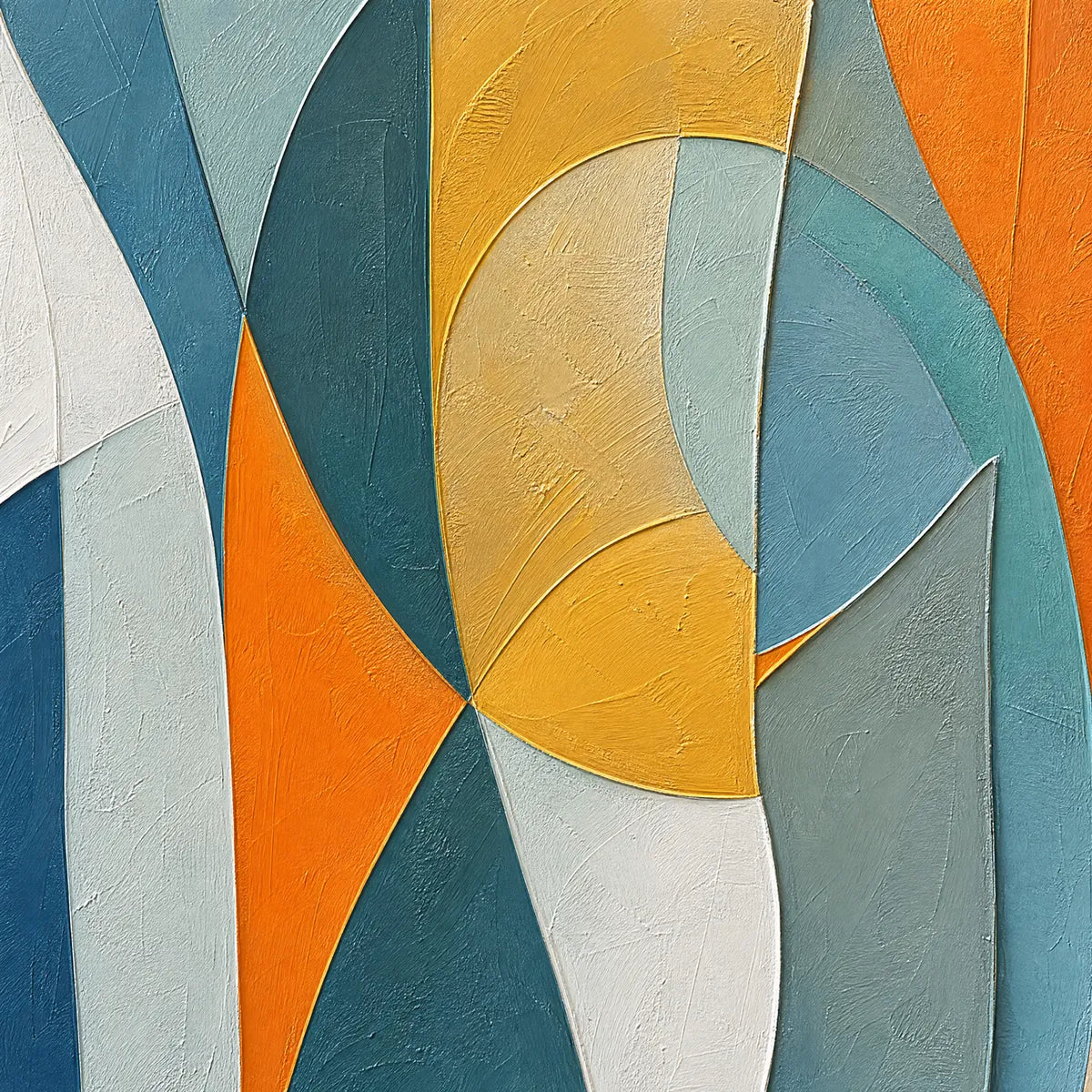 Textured geometric abstract oil painting in blue, teal, orange, white and gold
