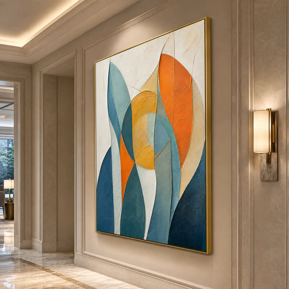 Textured geometric abstract oil painting with teal, blue, orange and gold shapes in a gold frame