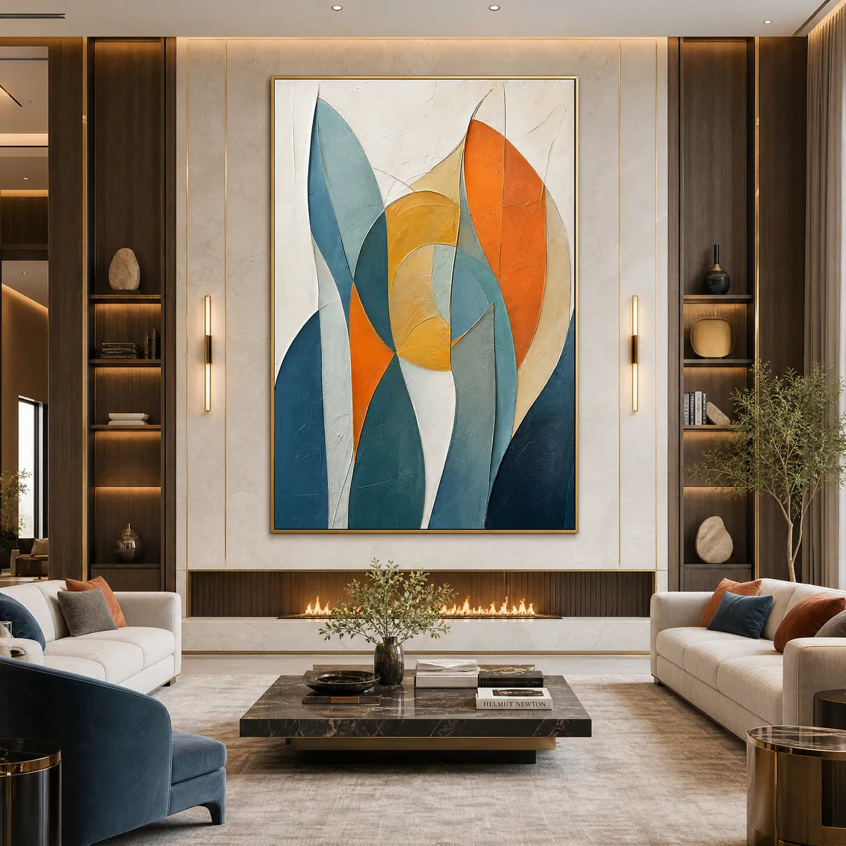 Textured geometric abstract oil painting in blue, teal, orange and gold on a modern wall