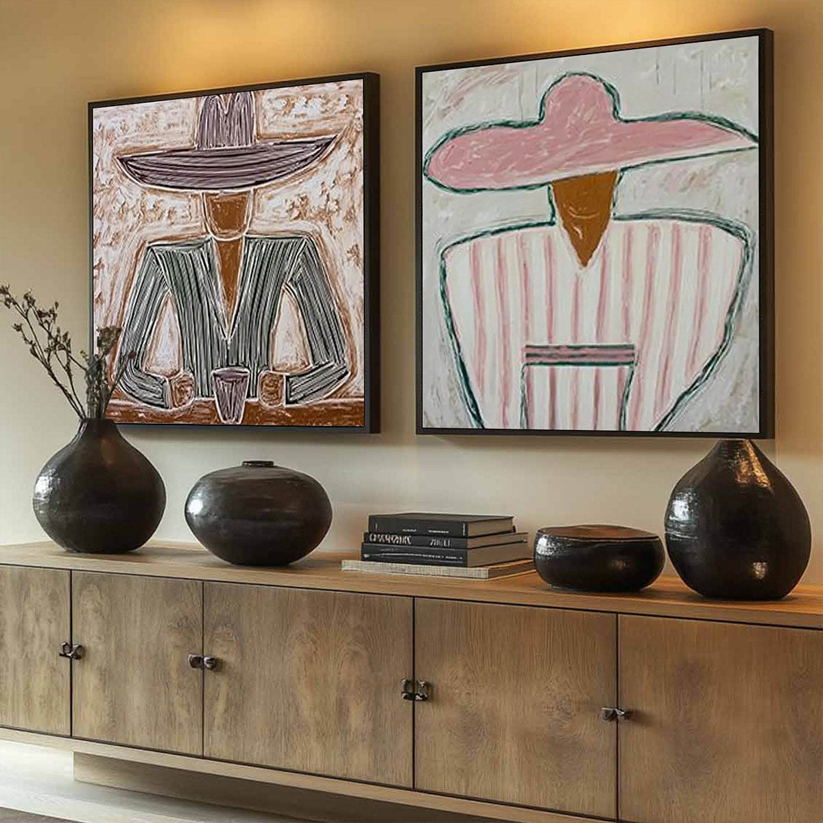 Sombrero Duet oil painting diptych, textured figurative portrait art