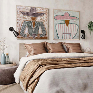 Sombrero Duet oil painting diptych, textured figurative portrait art