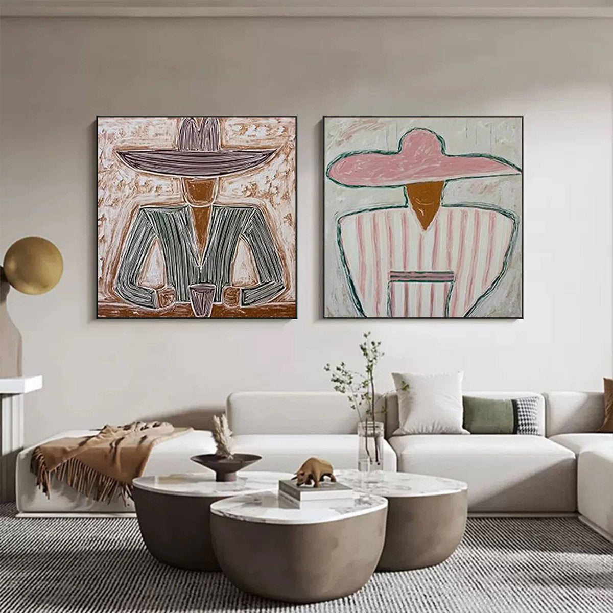 Sombrero Duet oil painting diptych, textured figurative portrait art