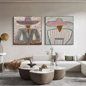 Sombrero Duet oil painting diptych, textured figurative portrait art