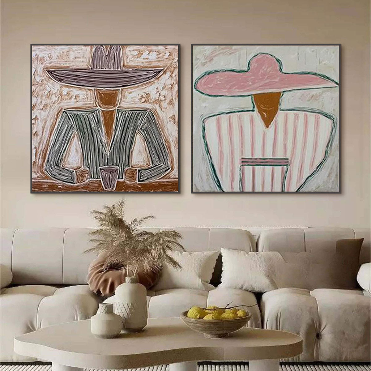 Sombrero Duet oil painting diptych, textured figurative portrait art