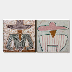 Sombrero Duet oil painting diptych, textured figurative portrait art