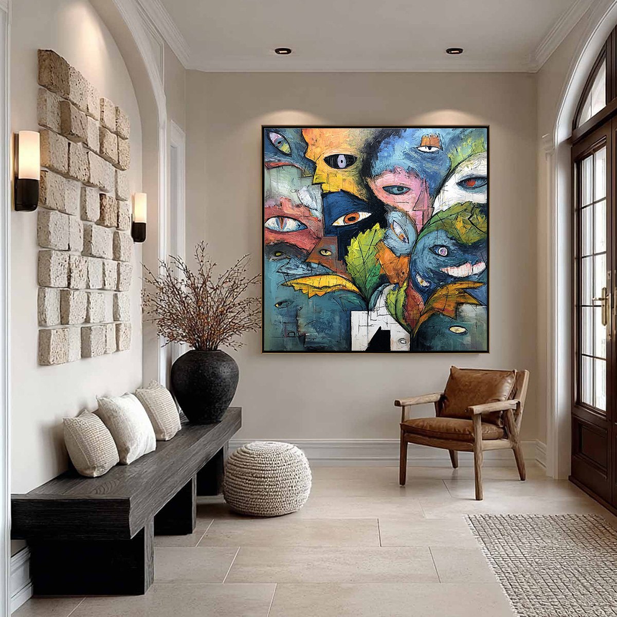 SPECTATORS: Large Colorful Abstract Faces Impasto Painting
