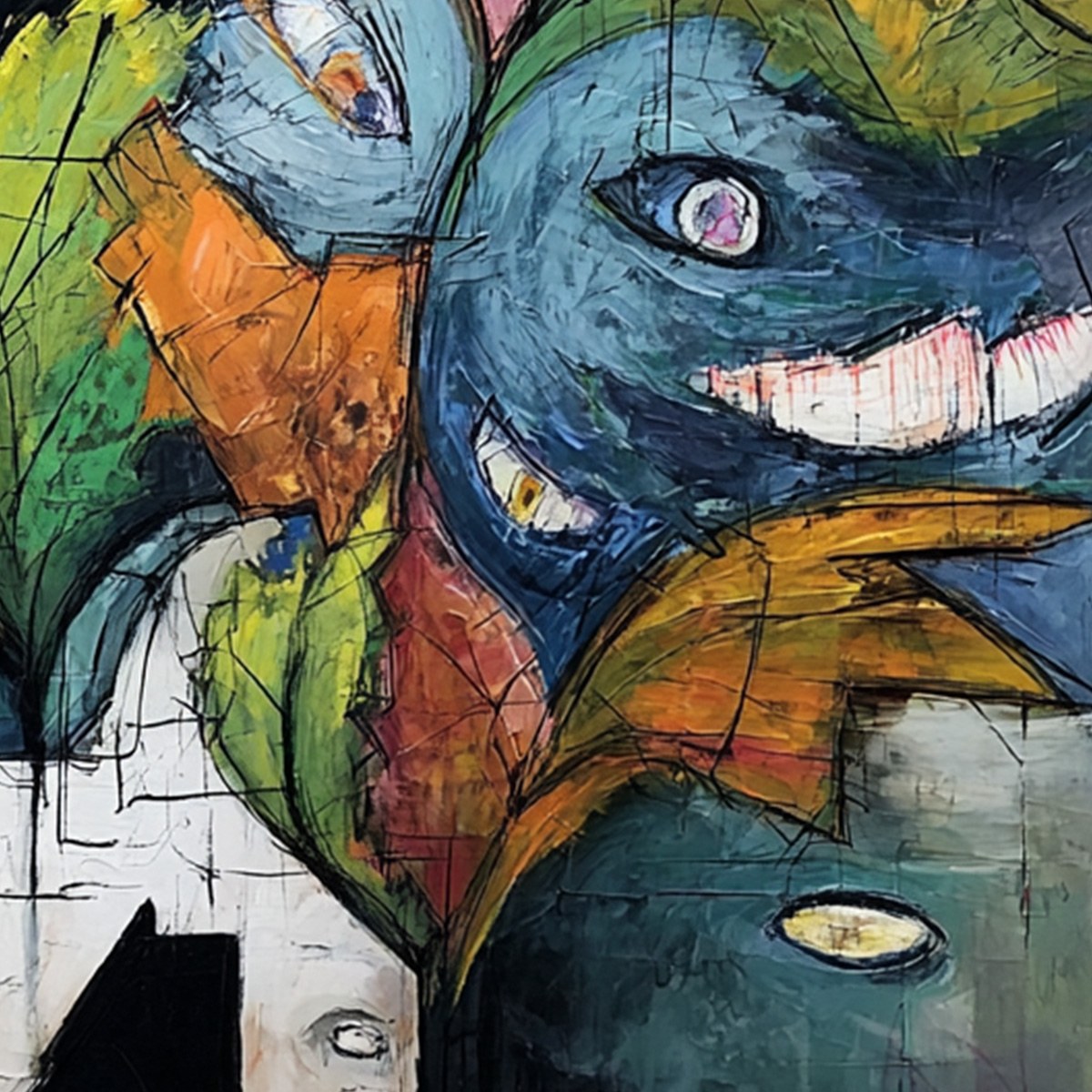 SPECTATORS: Large Colorful Abstract Faces Impasto Painting