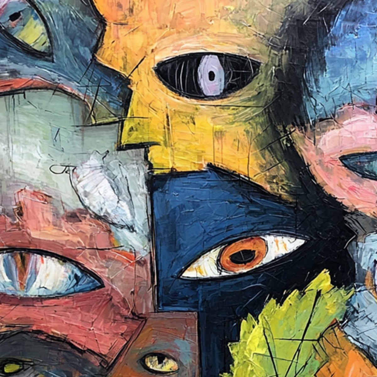 SPECTATORS: Large Colorful Abstract Faces Impasto Painting