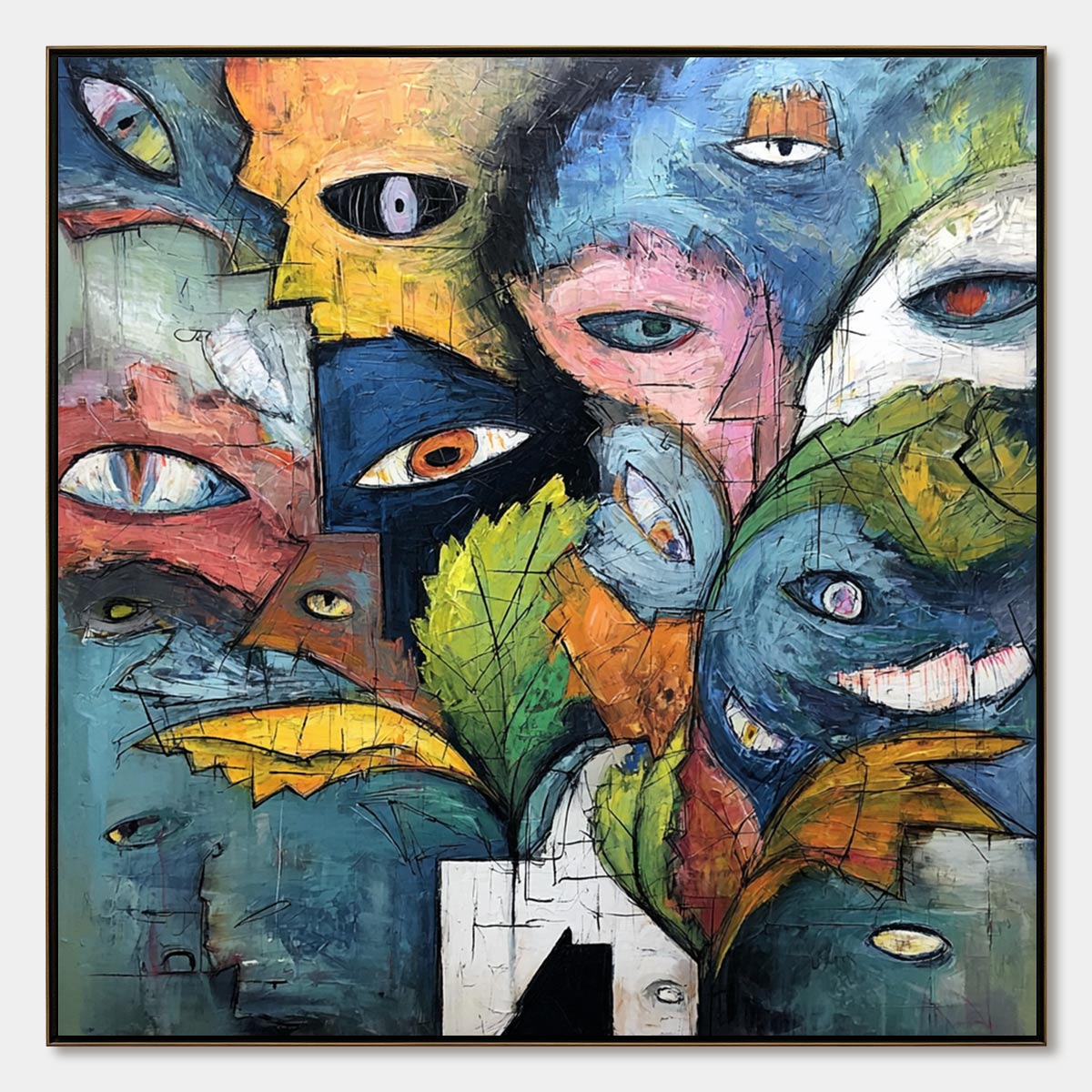 SPECTATORS: Large Colorful Abstract Faces Impasto Painting