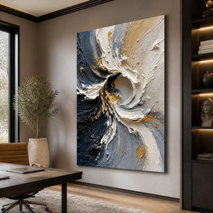 White gold spiral texture abstract wall art in modern luxury office interior.