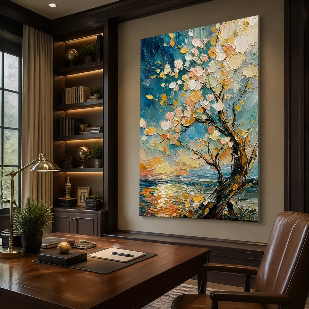 Stretched impressionist tree and ocean oil painting, displayed in a professional home office.