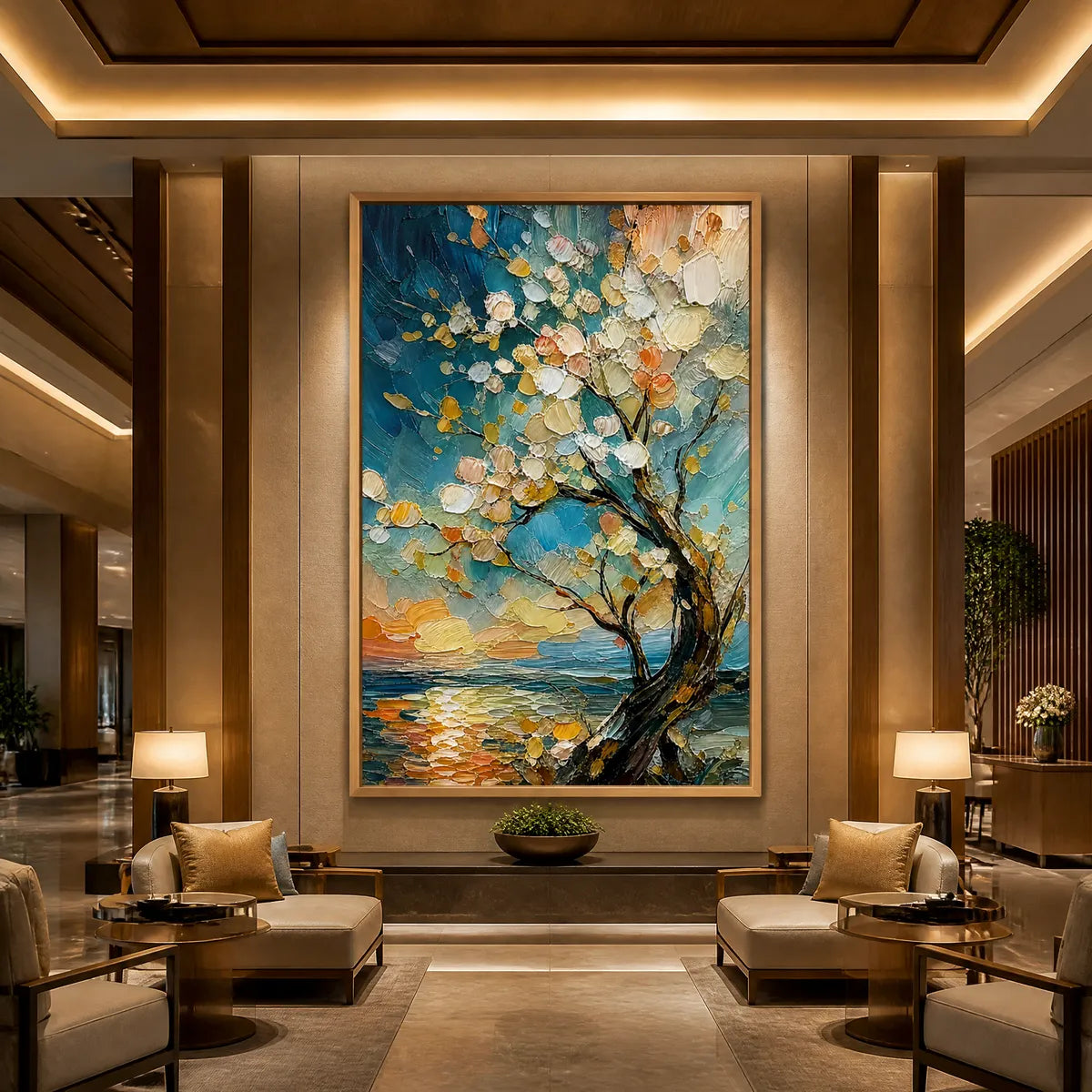 Textured abstract tree artwork in wood frame, hanging in a luxury hotel lobby.