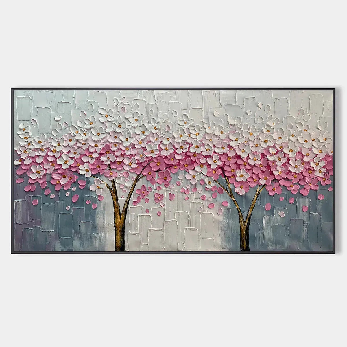 Panoramic Cherry Blossom Painting in Pink and White, Textured Impasto, Modern Wall Art