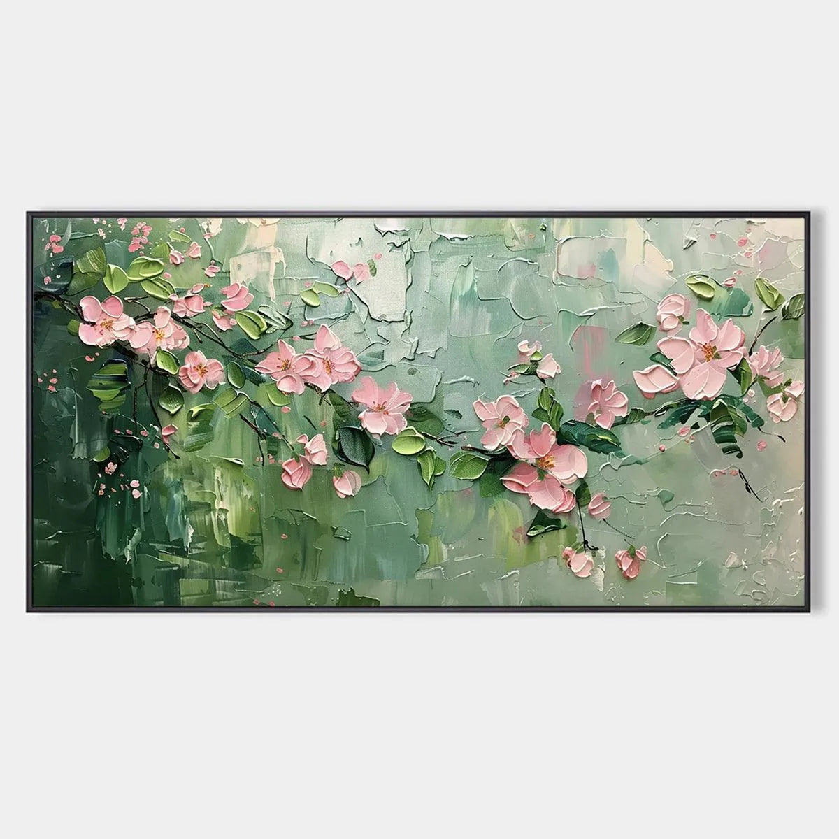 Textured Pink Floral Painting on Green Background