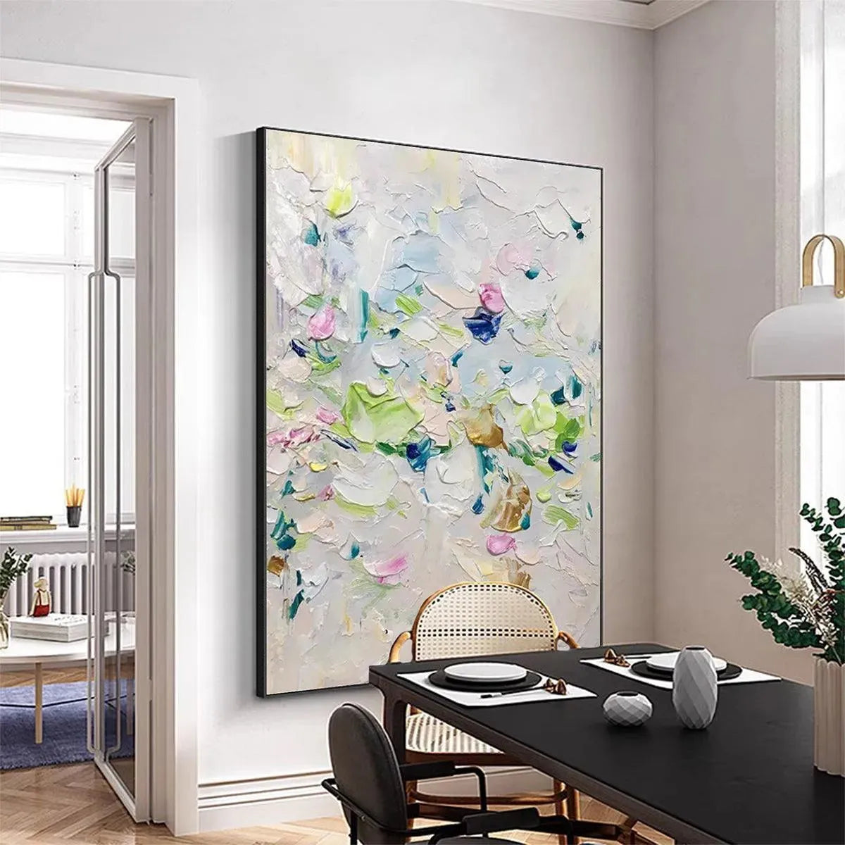 Spring Blossom floral painting by Willow Davies, pastel impasto texture in a dining room setting, modern art for home decor.