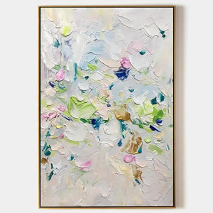 Spring Blossom textured abstract floral painting by Willow Davies, pastel colors, framed art for living room.