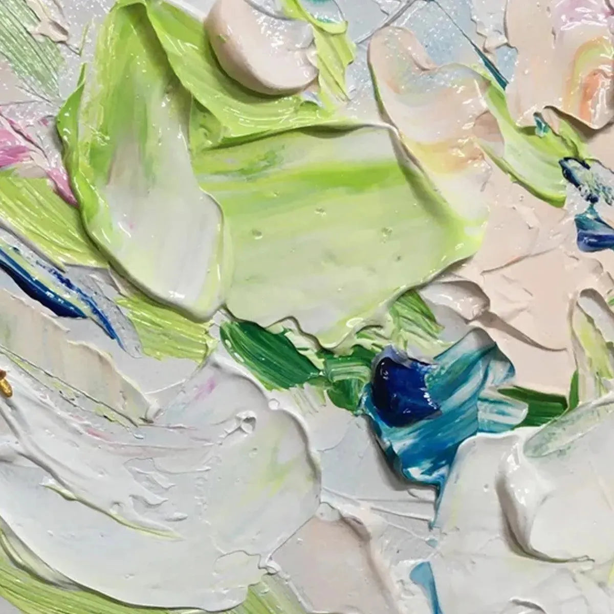 Close-up Willow Davies Spring Blossom floral art. Textured pastel impasto. Modern living room decor.