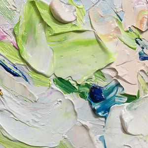 Close-up Willow Davies Spring Blossom floral art. Textured pastel impasto. Modern living room decor.