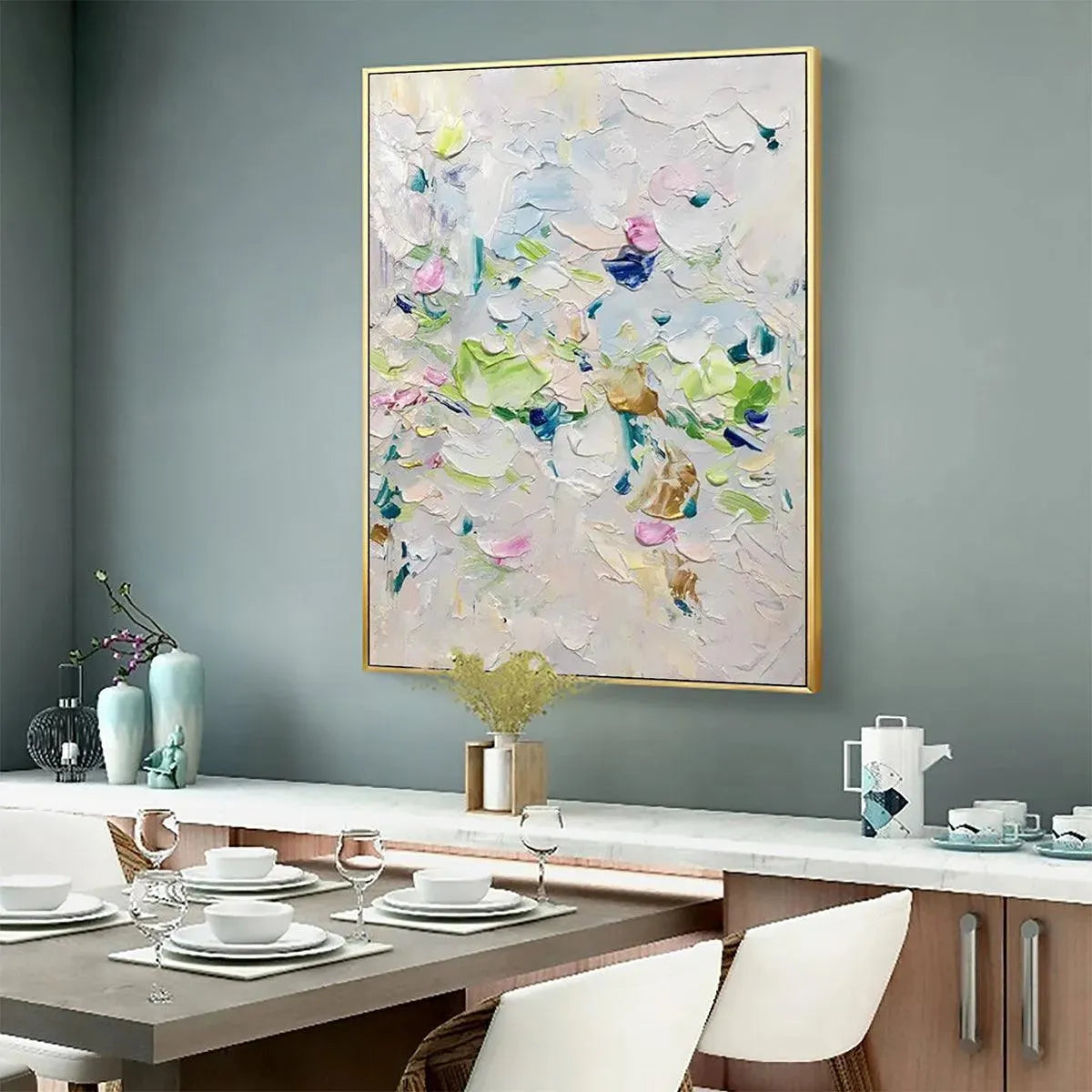 Spring Blossom abstract floral painting by Willow Davies, pastel impasto texture, gold framed, modern dining room decor