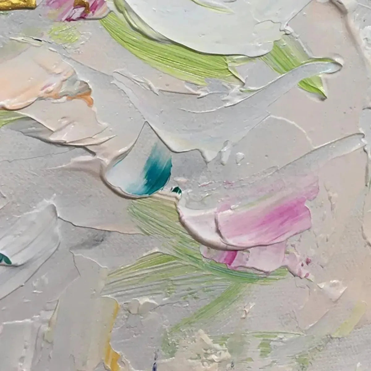 Spring Blossom abstract painting by Willow Davies, close-up impasto. Pastel colors and textured strokes.
