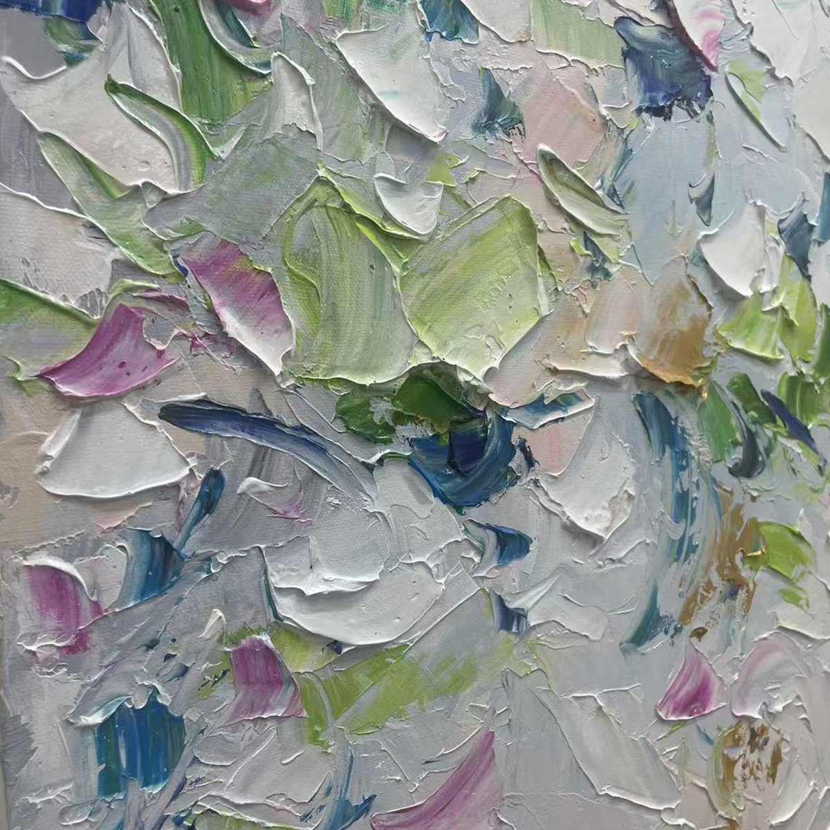 Close-up of Spring Blossom abstract floral painting, showcasing textured impasto strokes in soft pastel colors.