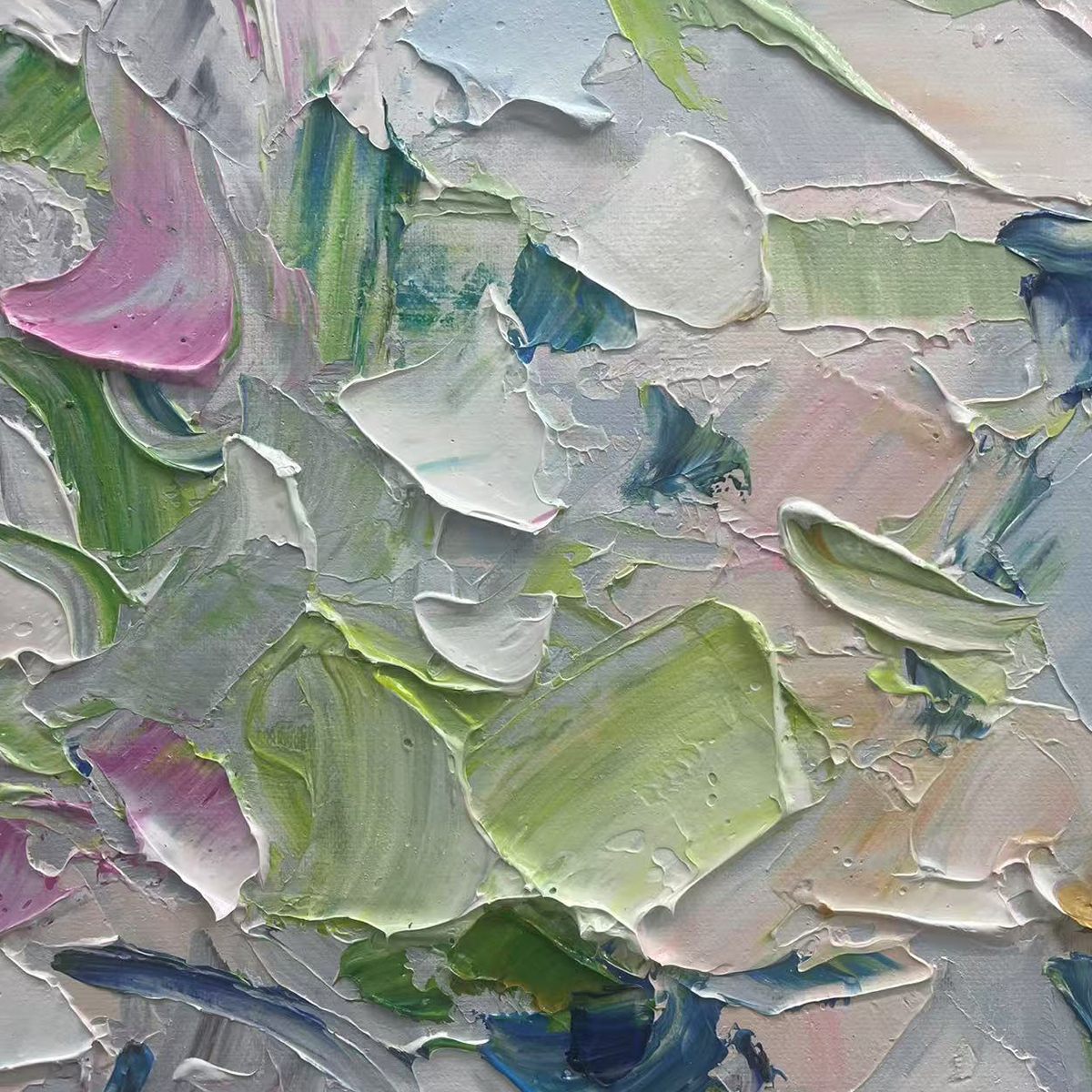 Close-up of Spring Blossom abstract painting, revealing thick impasto texture in pastel pink, green, white, and blue.