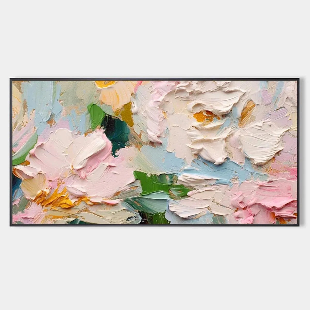 Textured Floral Painting, Pastel Wall Art, Panoramic Canvas, Impasto Decor