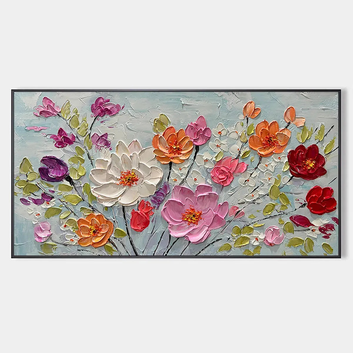 Panoramic Impasto Painting of Colorful Flowers, Textured Floral Wall Art for Living Room, Bedroom