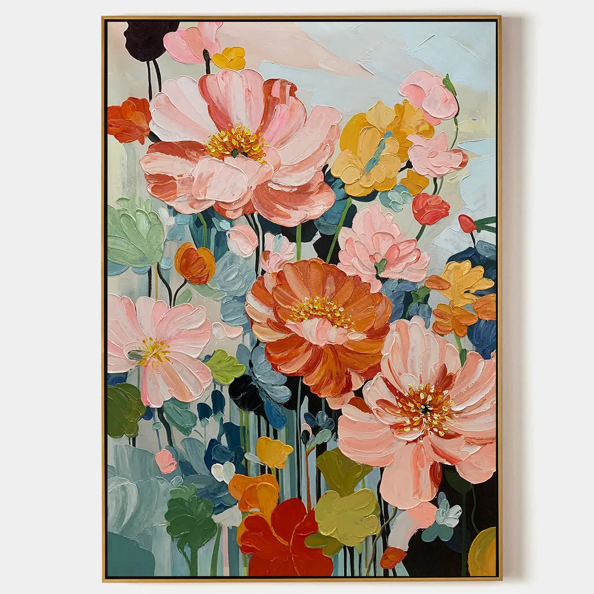 Vertical Textured Floral Painting, Impasto Pink and Orange Flowers, Living Room, Bedroom, Dining Room