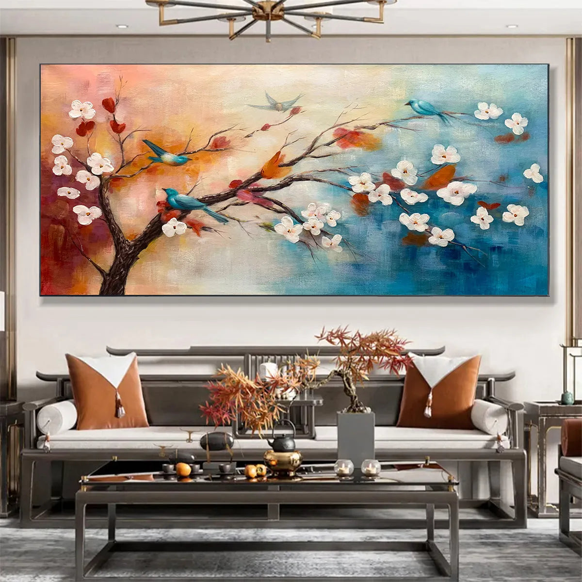 SPRING MELODY: Panoramic Blossom Tree Painting with Colorful Birds
