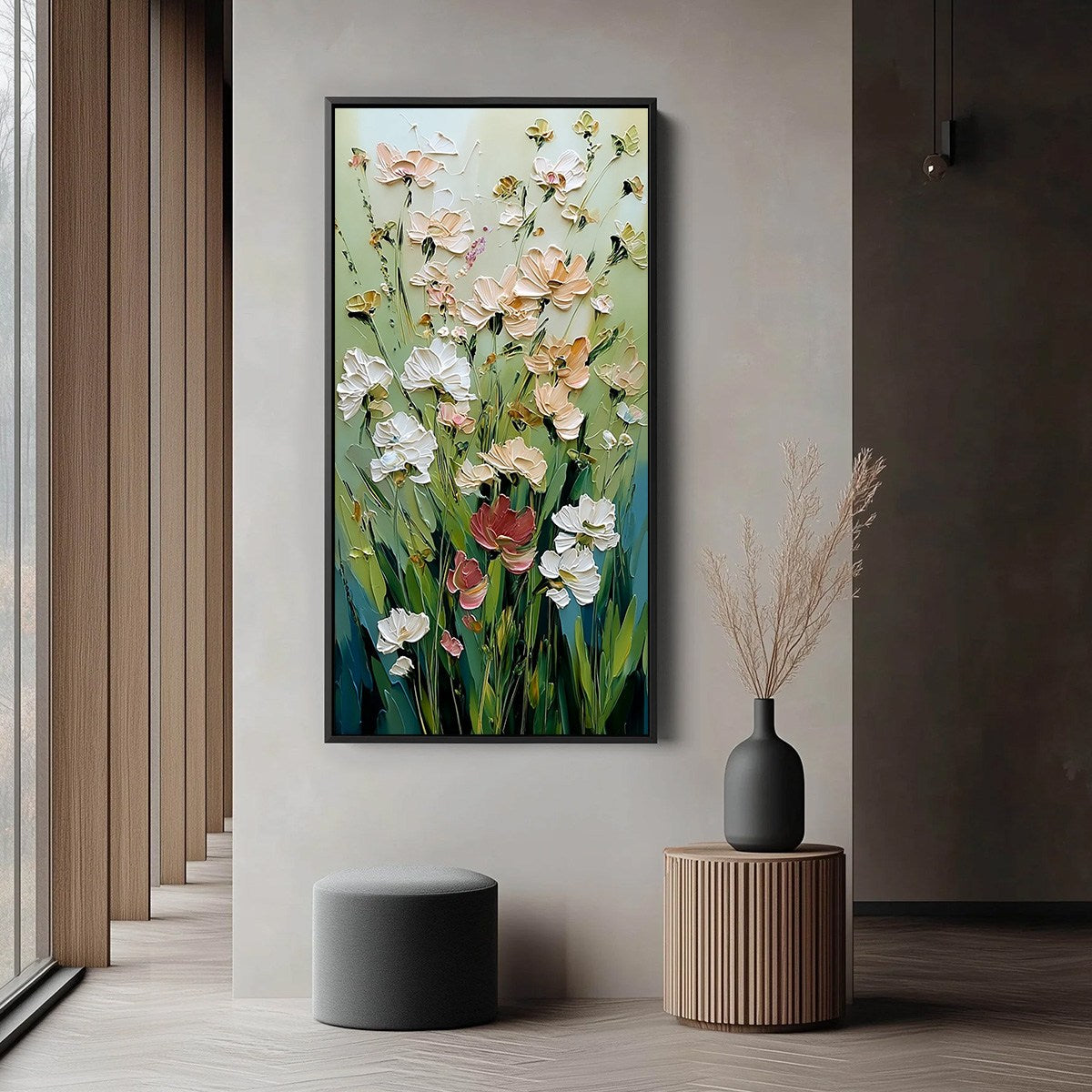 SPRING'S EMBRACE: Vertical Impasto Wildflower Meadow Painting