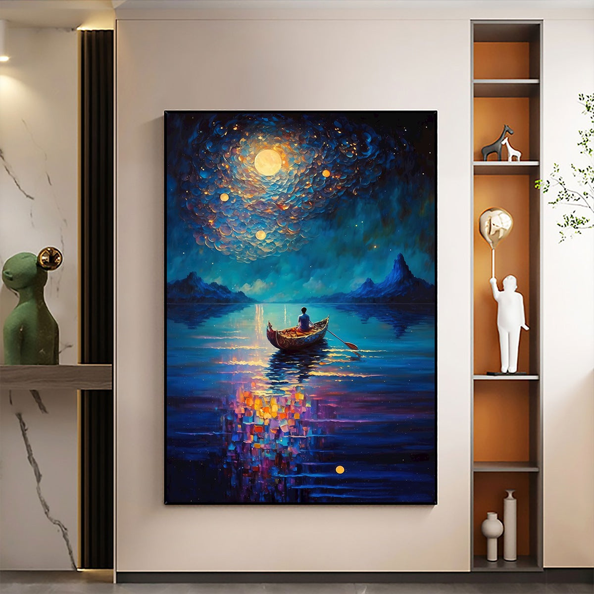 Starry Voyage: Impressionist Nightscape Oil Painting Canvas Wall Art Decor in Blue