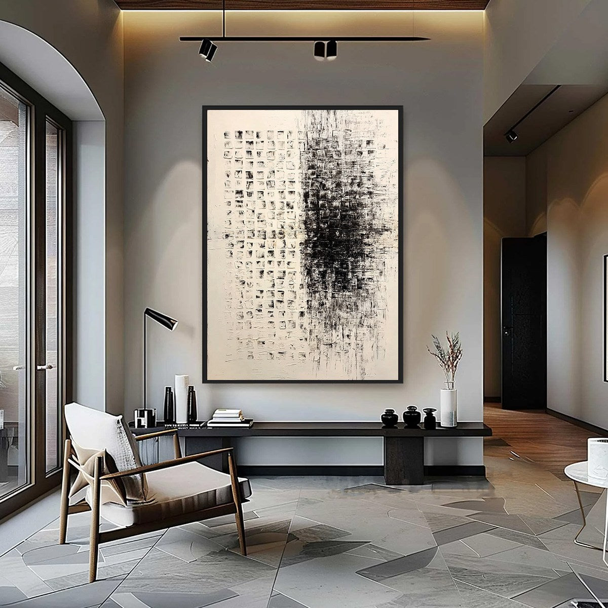 STATIC: Large Textured Black and White Minimalist Abstract Painting