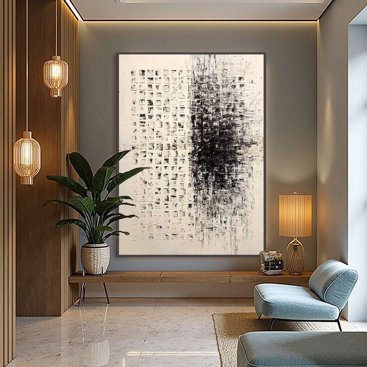 STATIC: Large Textured Black and White Minimalist Abstract Painting
