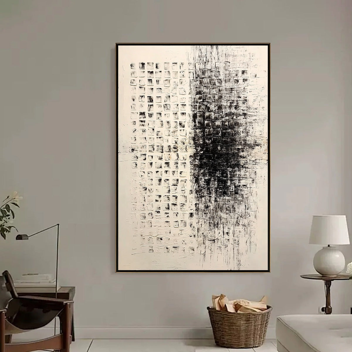 STATIC: Large Textured Black and White Minimalist Abstract Painting