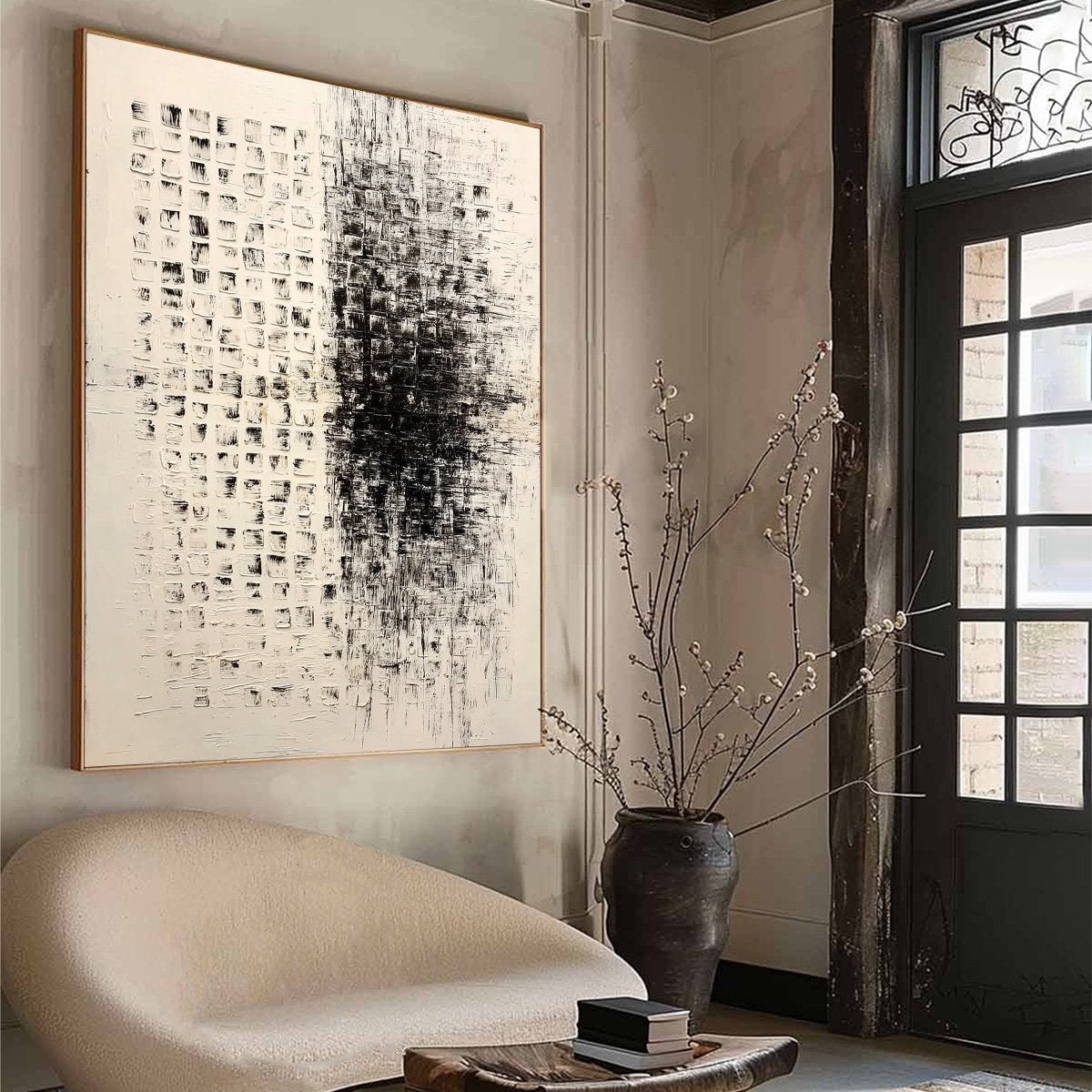 STATIC: Large Textured Black and White Minimalist Abstract Painting