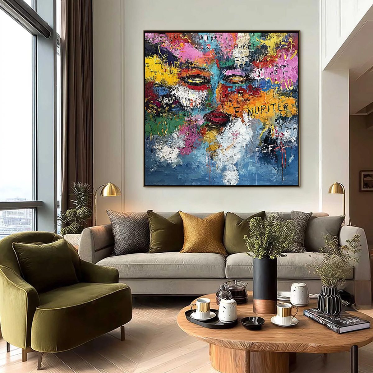 STATIC REVERIE: Colorful Abstract Graffiti Style Face Oil Painting