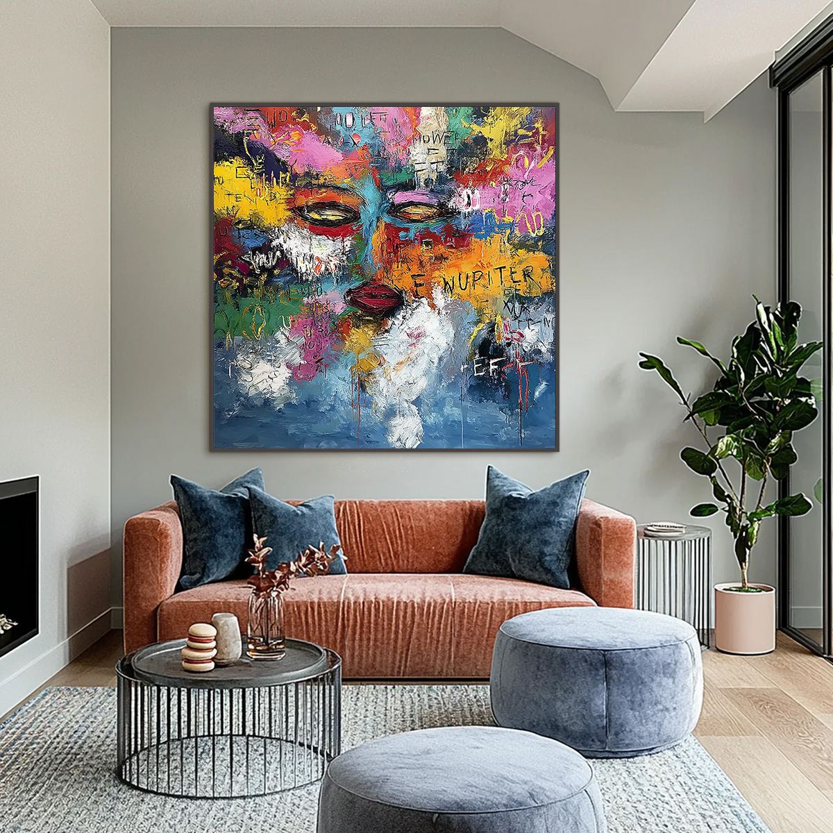 STATIC REVERIE: Colorful Abstract Graffiti Style Face Oil Painting